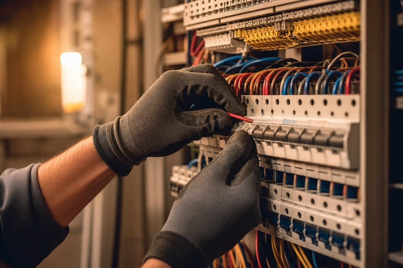 Electrician carefully wiring a distribution board