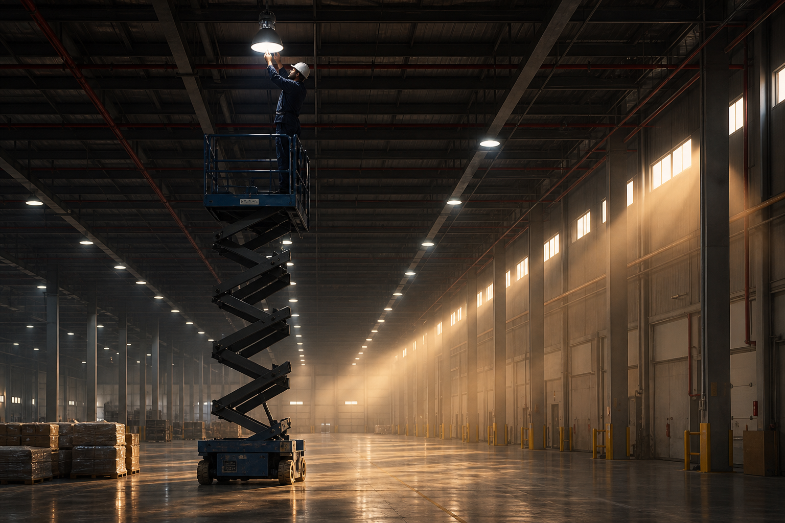 Technician installing LED high-bay lighting in a warehouse at golden hour