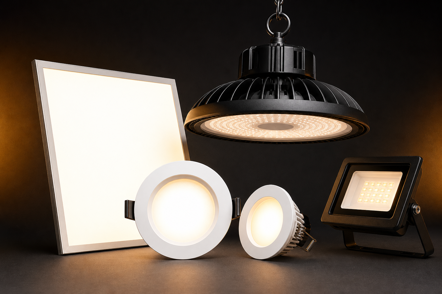 Commercial LED products: panel, downlights, high-bay pendant, and flood light