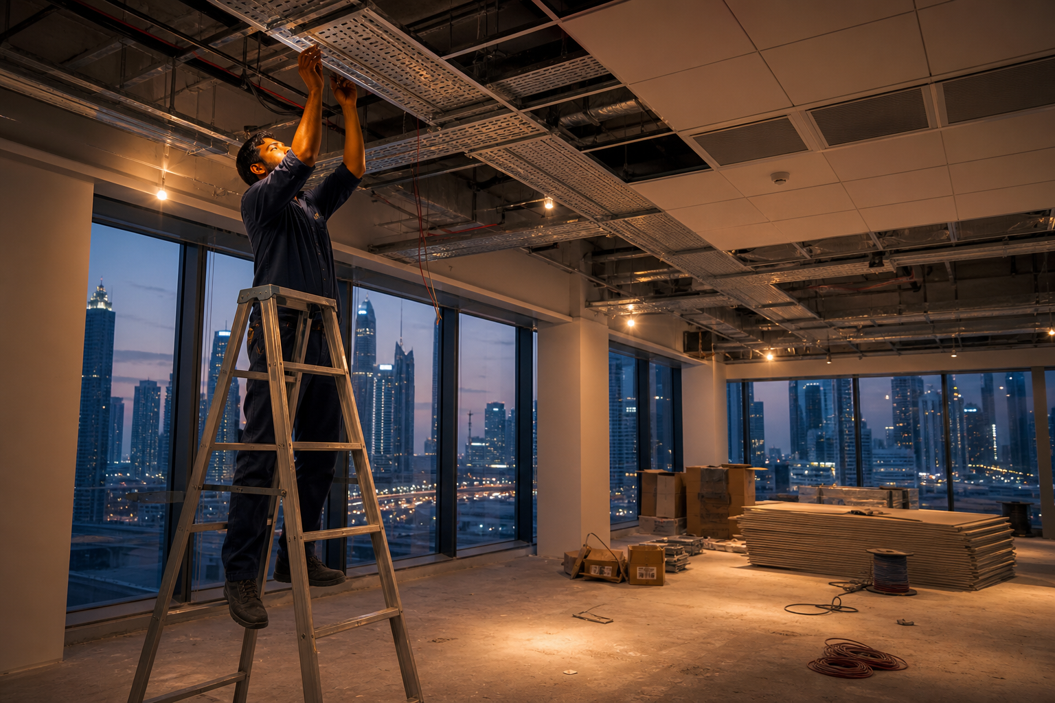 Electrician wiring ceiling services in an office overlooking the Dubai skyline