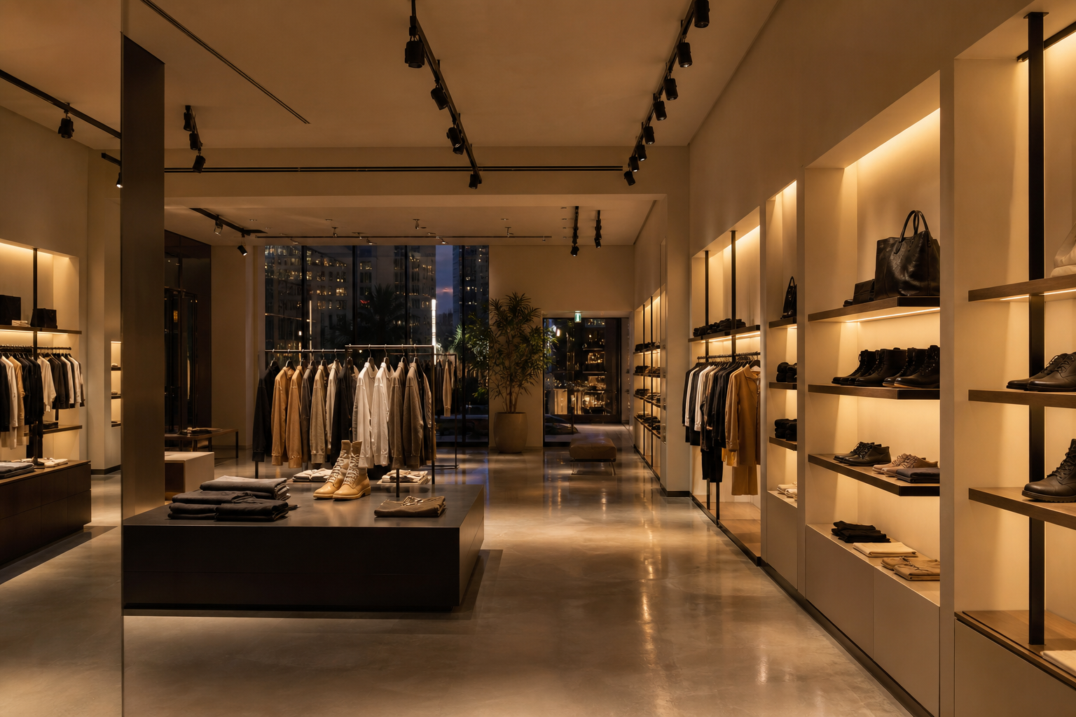 Boutique retail interior lit with warm LED track and shelf lighting