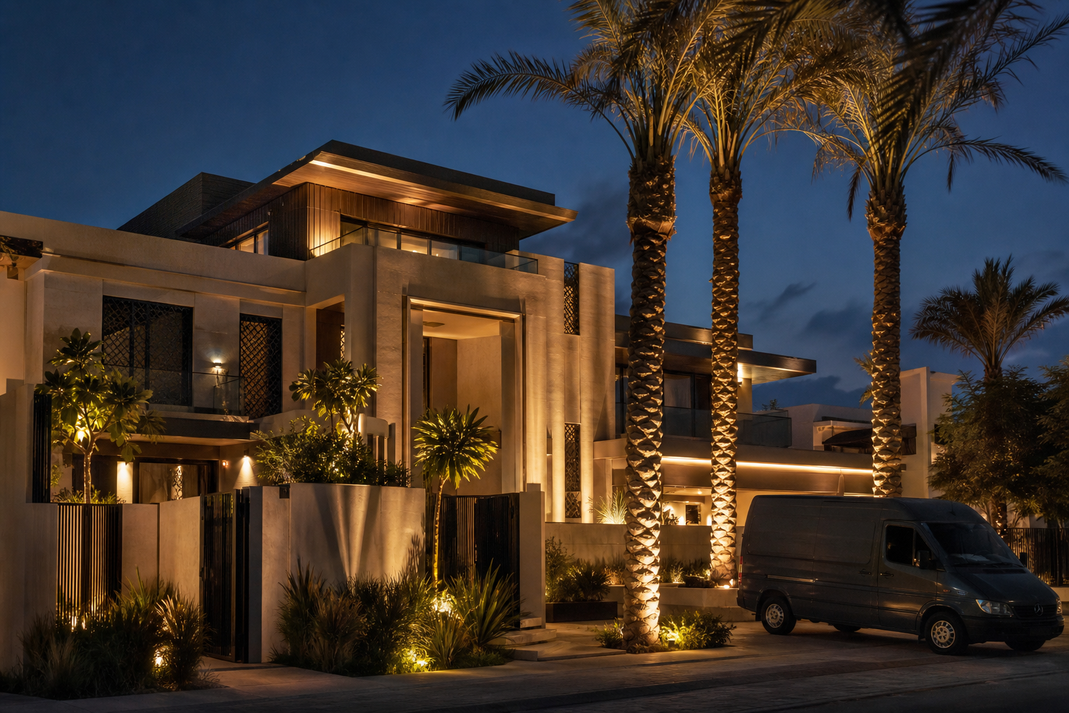 Luxury villa exterior at dusk with landscape and facade lighting
