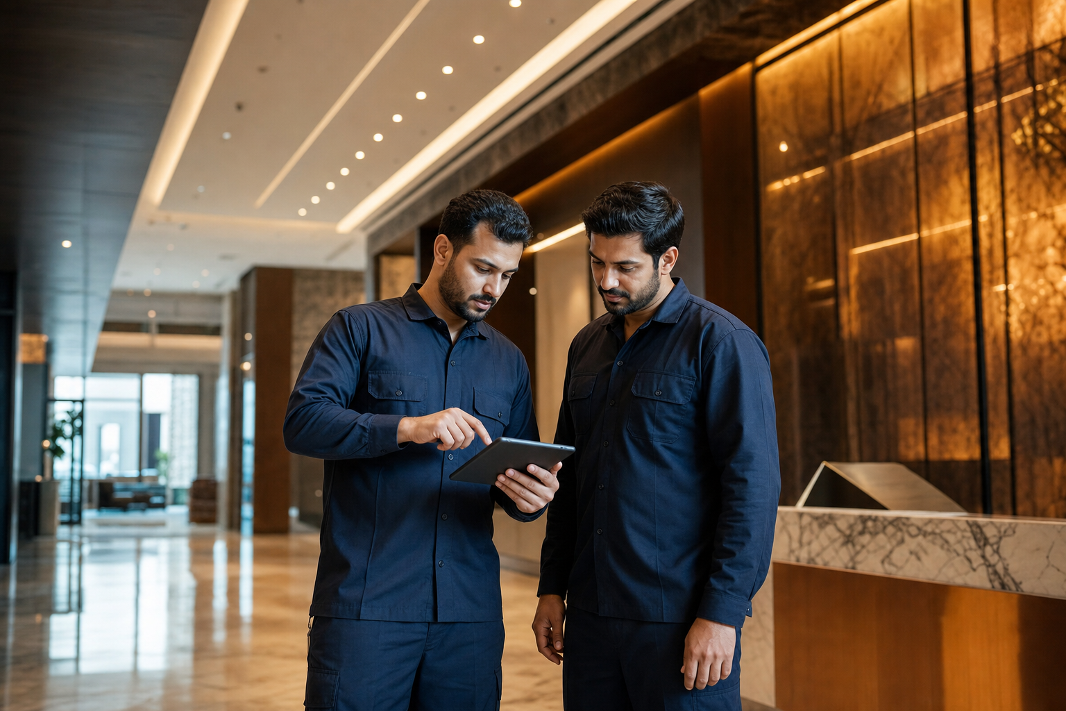 Two Gulf Sun technicians reviewing a job on a tablet in a commercial lobby